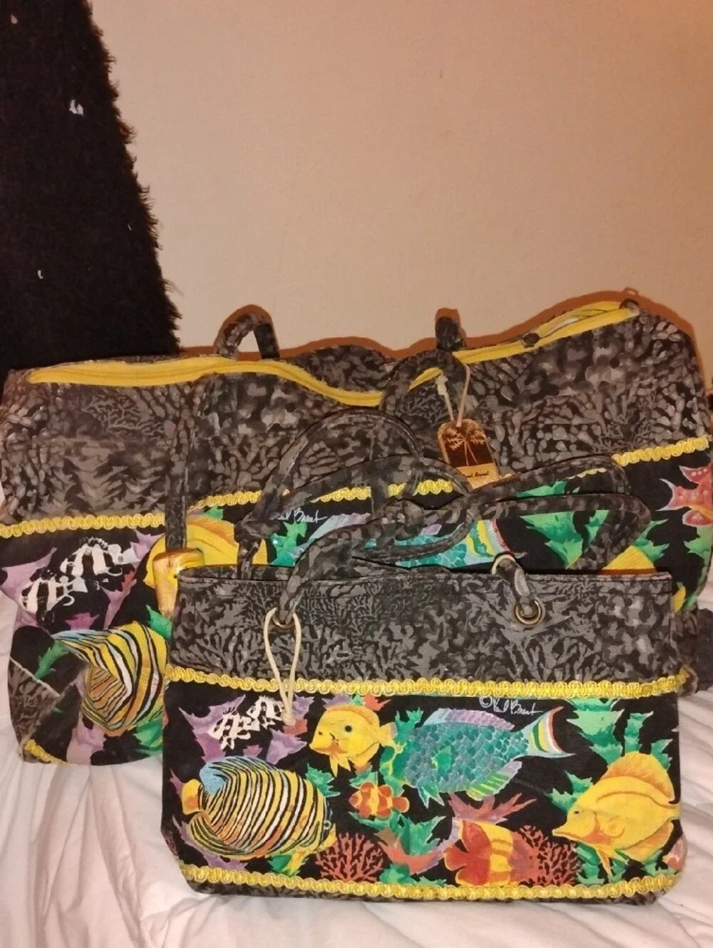 Colorful Fish-Print Tote Bags in Black & Yellow - Paul Brent